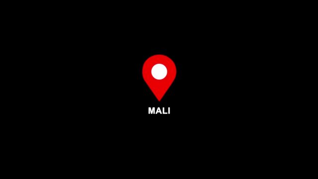 Mali location pin animation. Map marker icon with country name on black background 4k video.
