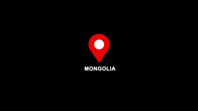Mongolia location pin animation. Map marker icon with country name on black background 4k video.