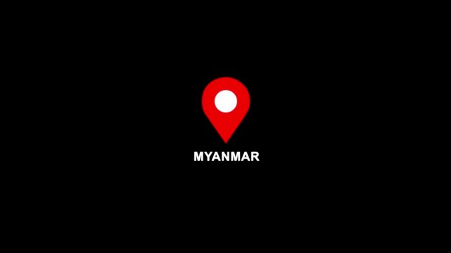 Myanmar location pin animation. Map marker icon with country name on black background 4k video.