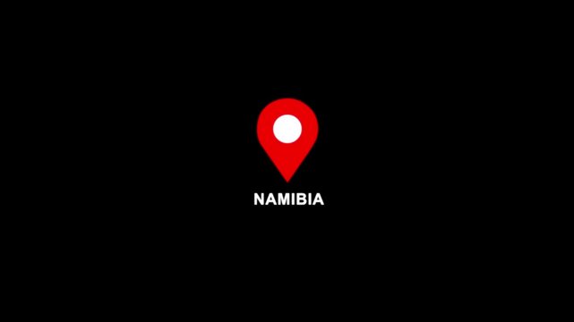 Namibia location pin animation. Map marker icon with country name on black background 4k video.