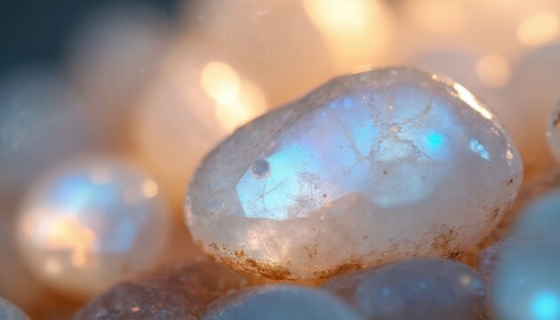 Macro shot of polished moonstone revealing its milky iridescence and blue glow. Smooth tumbled gem surface shows internal fractures and subtle colorful light reflections. Natural mineral sparkle.
