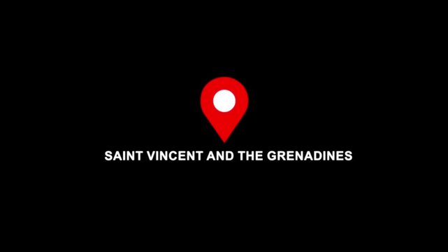 Saint Vincent and the grenadines location pin animation. Map marker icon with country name on black background 4k video.