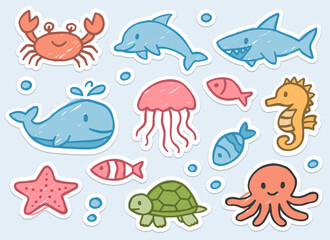 Fototapeta premium Colorful Cute Sea Animal Stickers Collection in Children's Crayon Drawing with Naive Style.
