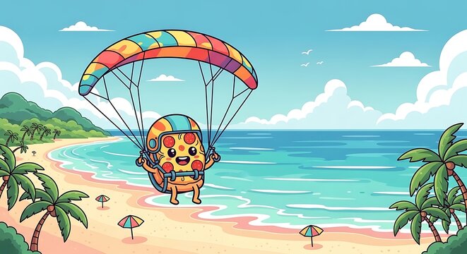 Cartoon pizza slice with a smiling face parasailing over a beautiful beach with palm trees and an umbrella