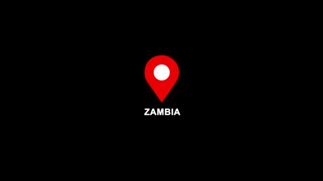 Zambia location pin animation. Map marker icon with country name on black background 4k video.