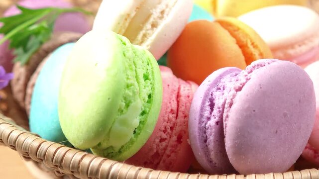 tack of colorful macarons with detailed textures and vibrant colors
