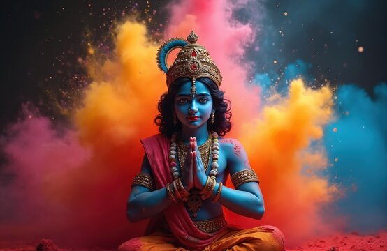 Blue skinned deity Krishna sits meditating amidst vibrant Holi powder clouds. He wears ornate crown and jewelry, hands pressed together in prayer. Festive colors explode around him.
