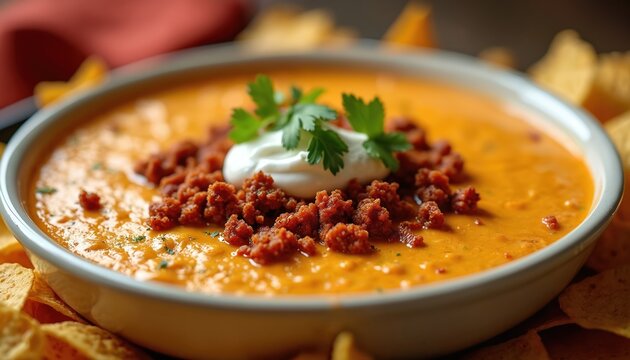 Creamy cheese dip with crumbled chorizo and a dollop of sour cream served with crunchy tortilla chips. A delicious and savory appetizer or snack. Perfect for parties and gatherings. Great for dipping.