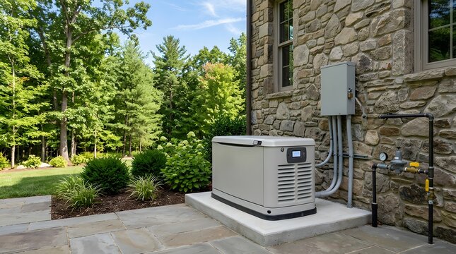 Modern standby home generator installed outside house on stone wall.