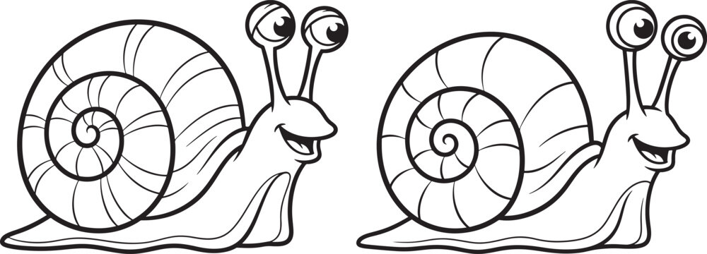 Two cartoon snails with big eyes and happy expressions outlined in black and white line art white background line drawing coloring page illustration gastropod creature invertebrate isolated