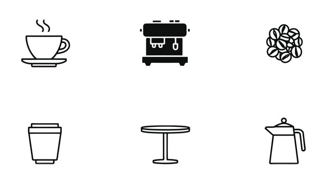 Coffee Essentials: A collection of meticulously crafted line art icons showcasing the core elements of the perfect coffee experience.