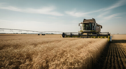 Obraz premium A serene and expansive view of a combine harvester working in a vast wheat field. Perfect for illustrating agriculture, food production, and rural lan