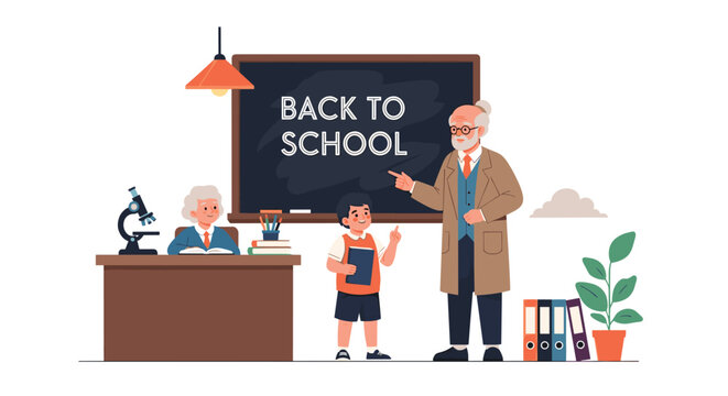 Elderly professor welcomes young student back to school in traditional classroom setting with chalkboard and books.