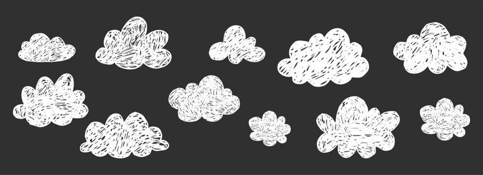 Crayon cloud hand drawn naive kids, baby, school background design. Childlike scribble white chalk clouds drawn on blackboard, kid drawings. 