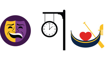 Comedy and Tragedy Drama Mask, Vintage Hanging Station Clock, and Romantic Venetian Gondola with Heart Vector Illustration Set for Travel and Arts © AlviAhmed