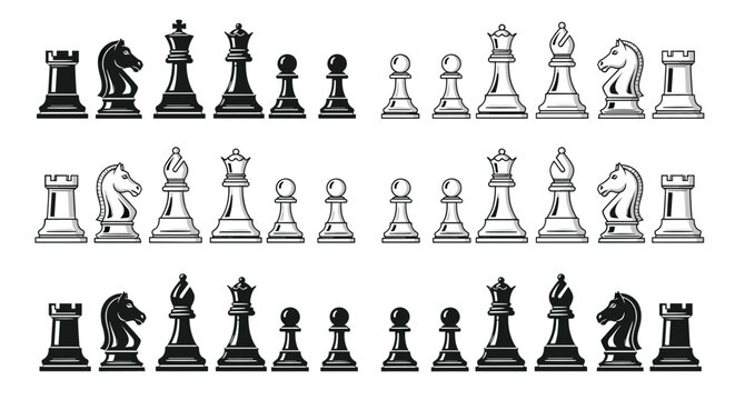 Comprehensive set of black and white chess pieces including king queen bishop knight rook and pawn icons for strategy.
