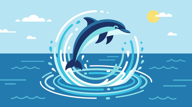 Flat vector illustration of a dolphin jumping out of the ocean
