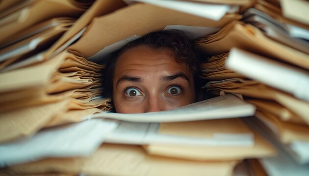 Wide eyed person buried under piles of documents. Documents overflow desk area. Individual appears stressed by workload and paperwork chaos.