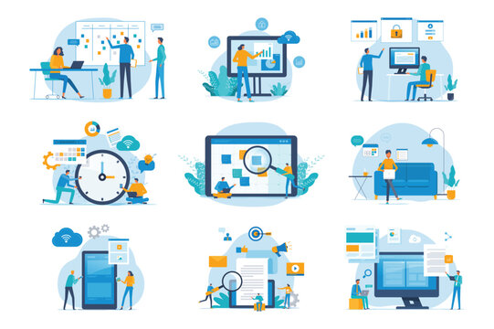 set flat vector illustration design style concept. business character activity design. team working and online video conference meeting. business planning. data analytics. finance investment.
