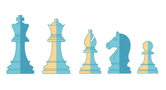 Line drawing of chess pieces king queen bishop knight and pawn