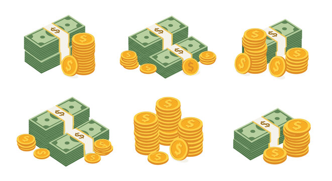 Collection of isometric stacks of dollar bills and golden coins representing diverse financial wealth and savings.