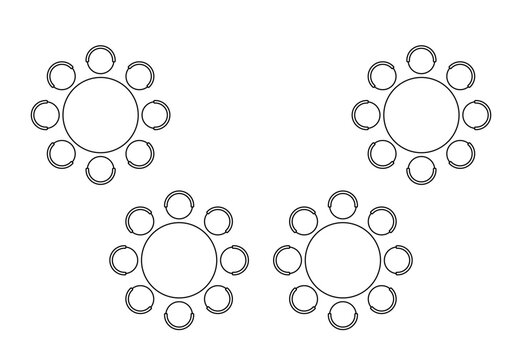 Architectural blueprint displaying furniture arrangement with seating elements. Restaurant layout template showing round tables, interior design symbols, and banquet hall configuration diagram.