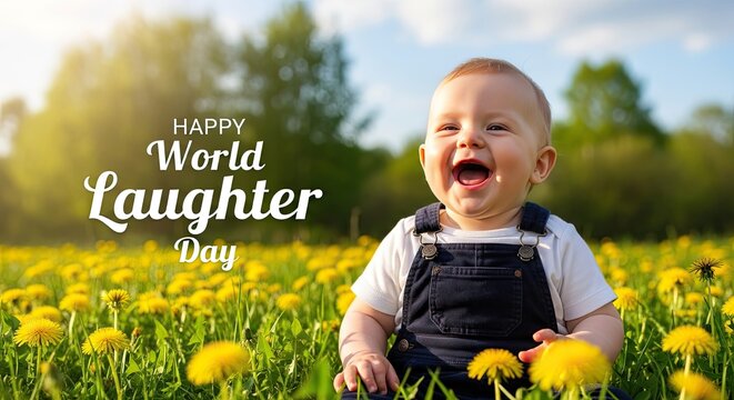 Happy baby boy laughing in a green field for World Laughter Day childhood joy and happiness concept