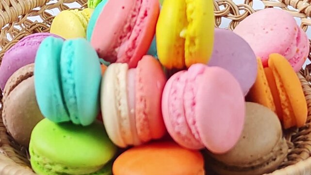 tack of colorful macarons with detailed textures and vibrant colors
