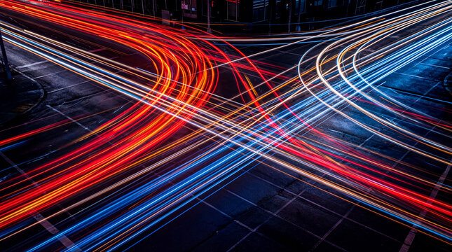 Dynamic long exposure photograph of vibrant car light trails forming abstract patterns at a busy city intersection at.