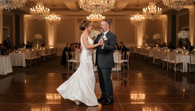 Emotional father daughter dance at a wedding reception in a luxury ballroom for Father's Day concept celebrating family bonds and lifetime love milestones