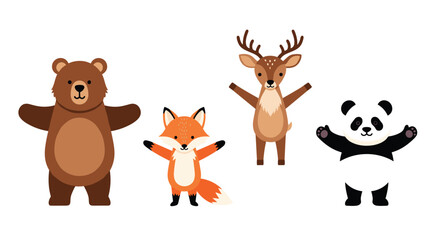 Obraz premium Group of adorable woodland animals including a brown bear fox deer and panda standing together in a friendly row for kids design.