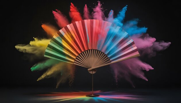 Colorful powder exploding around a fan on a dark background