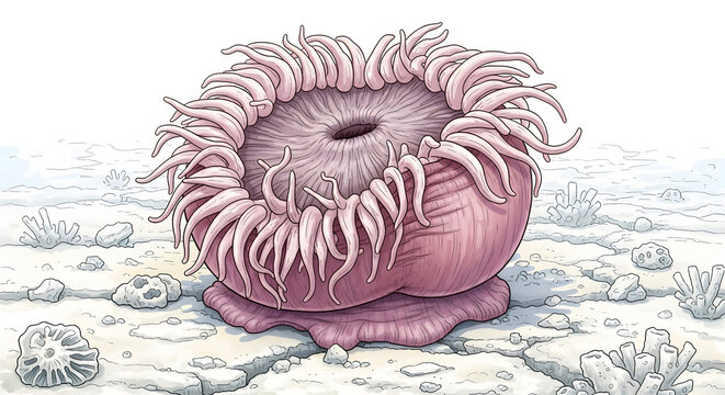 Scientific Sea Anemone Illustration, Marine Biology Concept for Educational Textbook, Ocean Ecosystem and Underwater Life Graphic