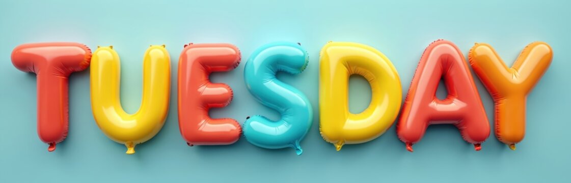 Colorful inflatable letters spell Tuesday. Bright balloons form word on cyan background. Fun celebration party concept for weekdays and events.