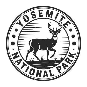 Vintage style emblem depicting a deer inside a yosemite national park seal