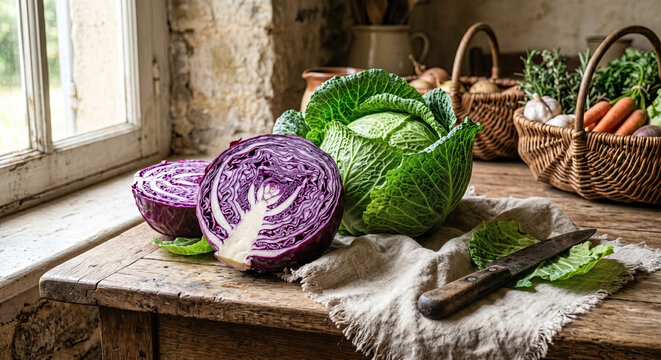 Fresh cabbages and market vegetables arranged on a rustic farmhouse table.generative AI