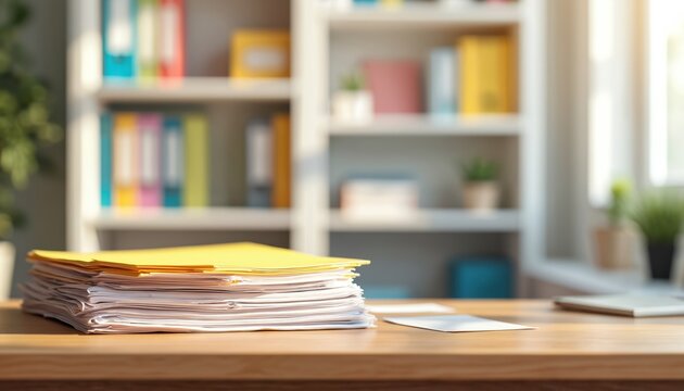 Neat stack of paperwork with yellow folder tops on wooden desk. Bookshelves with files and sunlight in background. Organized office workspace for business tasks.