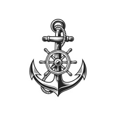 Vintage nautical illustration of a ship s wheel and anchor crossing © HABIBULLA