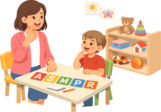 Speech pathologist teaching child pronunciation therapy session