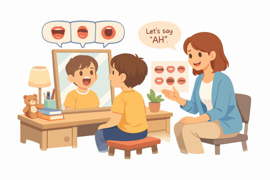 Child learning pronunciation with speech therapist using mirror