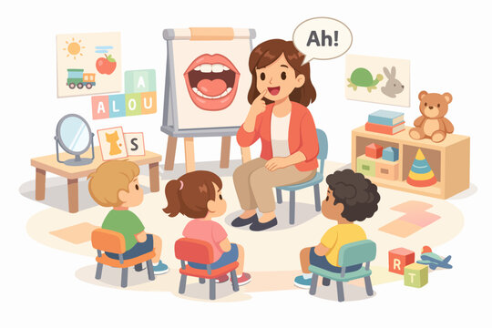Teacher helping children with speech development in classroom