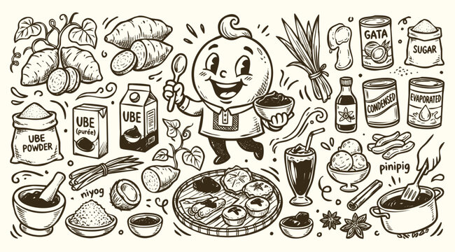 Vintage 1930s Rubber Hose Style Ube Mascot and Filipino Dessert Ingredients Doodle Set