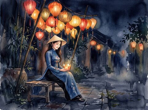 A Vietnamese &aacute;o d&agrave;i portrait with n&oacute;n l&aacute; holding lanterns during Mid-Autumn Festival, soft light, minimal composition, watercolor style

