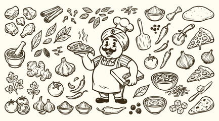 Fototapeta premium Vintage 1930s Rubber Hose Style Indian Pizza Chef and Ingredients Doodle Set