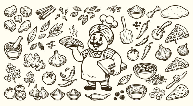 Vintage 1930s Rubber Hose Style Indian Pizza Chef and Ingredients Doodle Set