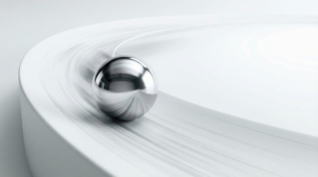 Shiny silver sphere moving fast on a curved white track, symbolizing momentum, progress, and innovative technology. Minimalist abstract background.