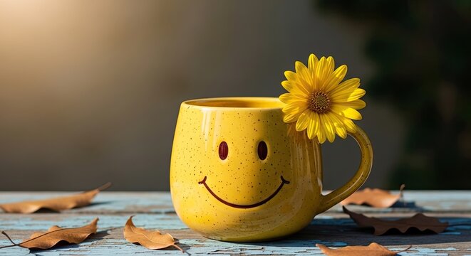 Single yellow emoji face with a wide smile and a yellow flower for World Laughter Day nature