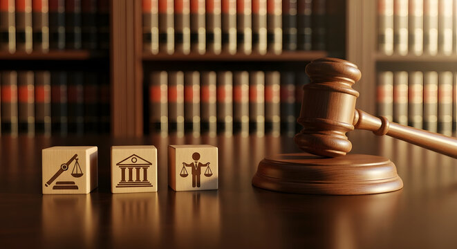 Constructing the Legal Framework Symbolic Justice with Gavel, Scales, and Courthouse Icons on Bookshelf