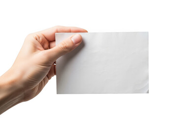Obraz premium A hand holding a blank white card isolated on transparent background