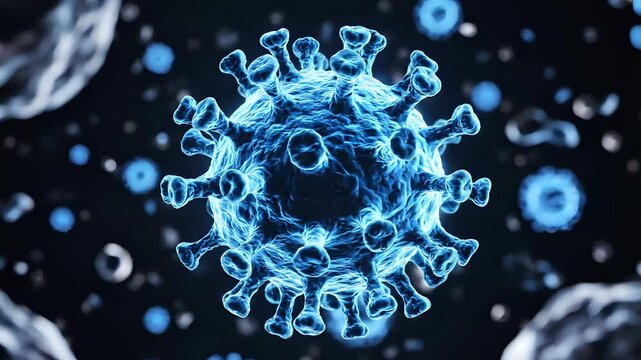 Microscopic view of a glowing blue virus particle with spikes on a dark background.